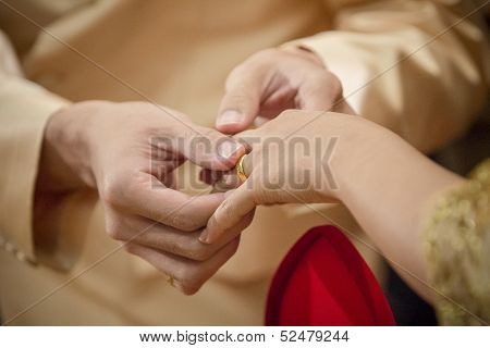 Marry Me. Groom Put A Ring On Finger Of His Lovely Wife