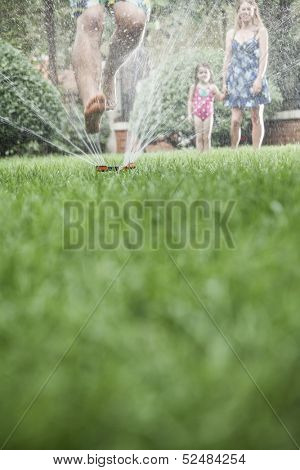 Surface level shot of father jumping through sprinkler in the grass