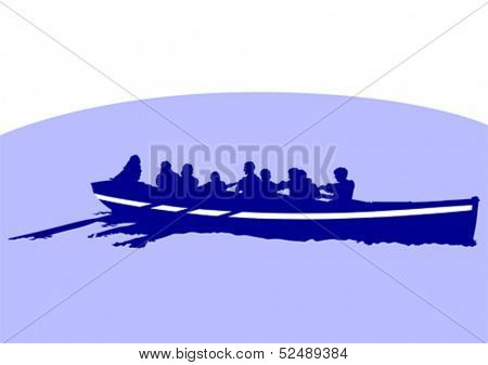 Vector drawing of a boat with oars in the sea