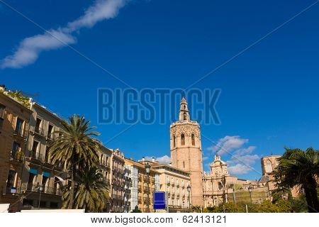 Valencia Plaza de la Reina square with Cathedral and Miguelete at Spain