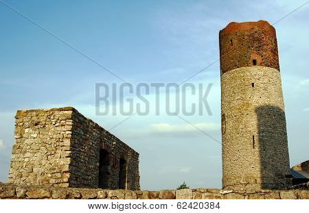 Ruined medieval castle with towers