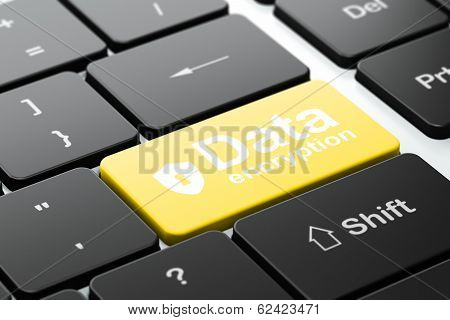 Privacy concept: Shield With Keyhole and Data Encryption on computer keyboard background