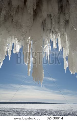 Large icicles in the Apostle Islands Ice Caves on frozen Lake Superior, Wisconsin