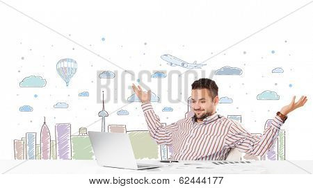 Attractive young businessman with city sky-scape background