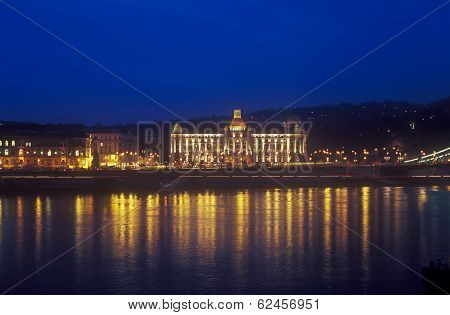 Gellert Hotel Palace In Budapest At Night.