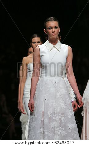 ZAGREB, CROATIA - MARCH 27: Fashion model wearing clothes designed by Mihano Momosa on the 'Fashion.hr' show on March 27, 2014 in Zagreb, Croatia