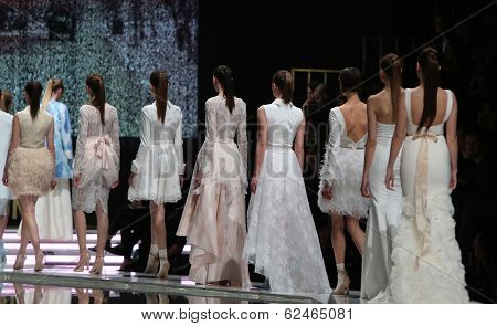 ZAGREB, CROATIA - MARCH 27: Fashion model wearing clothes designed by Mihano Momosa on the 'Fashion.hr' show on March 27, 2014 in Zagreb, Croatia
