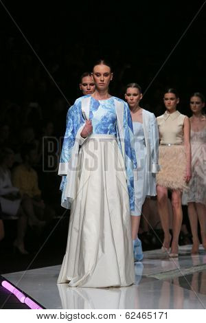 ZAGREB, CROATIA - MARCH 27: Fashion model wearing clothes designed by Mihano Momosa on the 'Fashion.hr' show on March 27, 2014 in Zagreb, Croatia