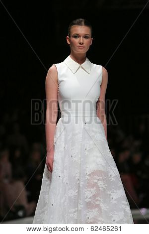 ZAGREB, CROATIA - MARCH 27: Fashion model wearing clothes designed by Mihano Momosa on the 'Fashion.hr' show on March 27, 2014 in Zagreb, Croatia