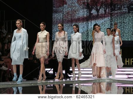 ZAGREB, CROATIA - MARCH 27: Fashion model wearing clothes designed by Mihano Momosa on the 'Fashion.hr' show on March 27, 2014 in Zagreb, Croatia