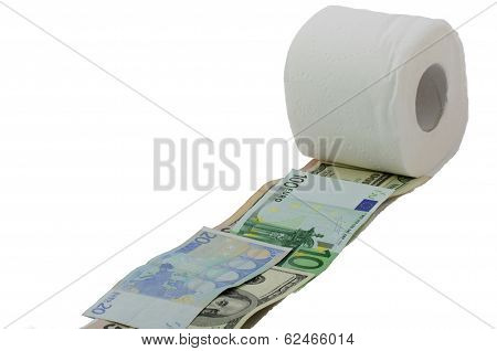 Roll of toilet paper and money isolated on white background