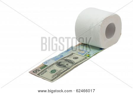 Roll of toilet paper and money isolated on white background