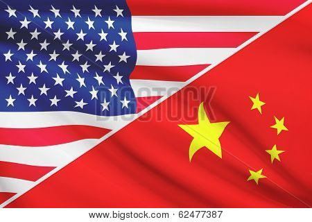 Series Of Ruffled Flags. Usa And China.