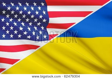Series Of Ruffled Flags. Usa And Ukraine.