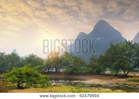 Sunset landscpae of yangshuo in guilin,china