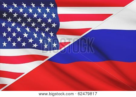 Series Of Ruffled Flags. Usa And Russia.
