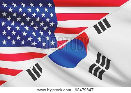 Series Of Ruffled Flags. Usa And South Korea.