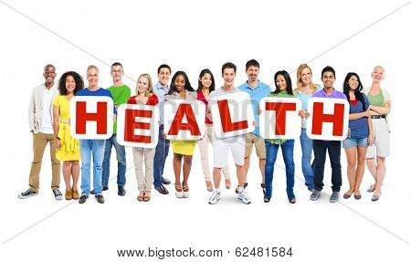 Multi-Ethnic Group Of People Holding Alphabet To Form Health
