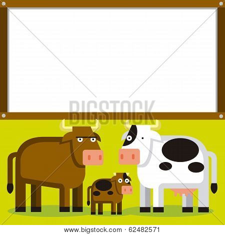 Vector Cute Cartoon Bull Cow And Calf With Space For Text