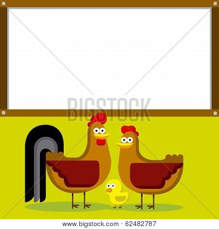 Vector Cute Cartoon Rooster Hen And Chick With White Space For Text