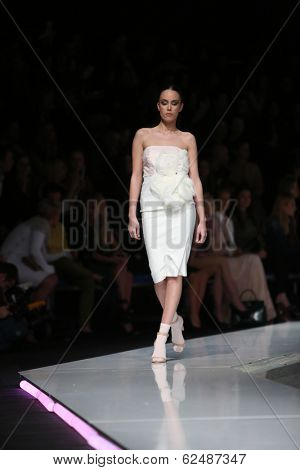 ZAGREB, CROATIA - MARCH 27: Fashion model wearing clothes designed by Mihano Momosa on the 'Fashion.hr' show on March 27, 2014 in Zagreb, Croatia