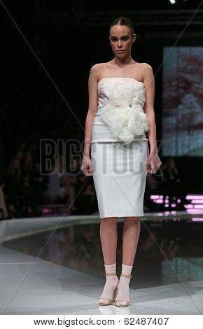 ZAGREB, CROATIA - MARCH 27: Fashion model wearing clothes designed by Mihano Momosa on the 'Fashion.hr' show on March 27, 2014 in Zagreb, Croatia