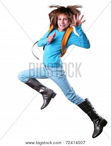 Happy Schoolgirlor Traveler Exercising And Jumping