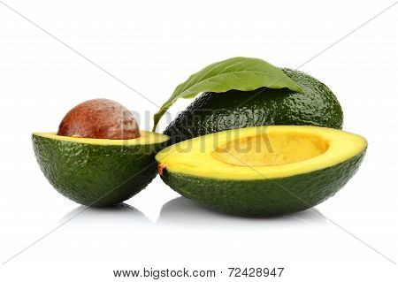 Studio Shot Of Avocado With Leaf And Pit Core Isolated