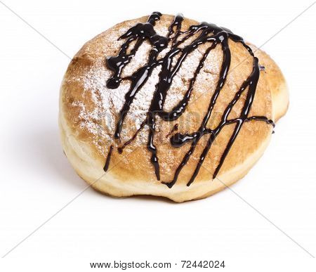 Donut topped with dark chocolate on white