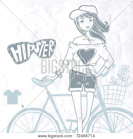 Hipster Teenage Girl On Her Vintage Bike