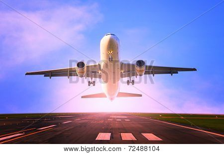 passenger jet plane flying from airport runway use for traveling and cargo ,freight industry topic
