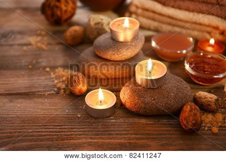 Composition of spa treatment on wooden background
