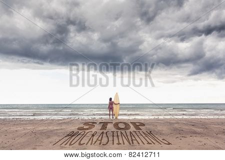 Calm woman in bikini with surfboard on beach against stop procastinating