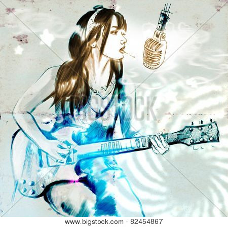Smoking Guitar Player. Hand Drawn Full Sized Illustration.