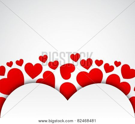 Love background with red hearts. Paper note. Valentine's greeting card. Vector illustration. 
