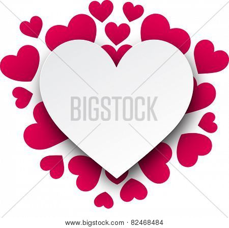 Love background with pink hearts. Paper note. Valentine's greeting card. Vector illustration. 