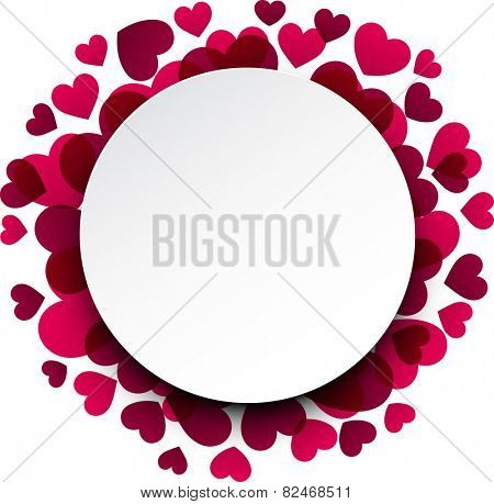 Love background with pink hearts. Paper round note. Valentine's greeting card. Vector illustration. 
