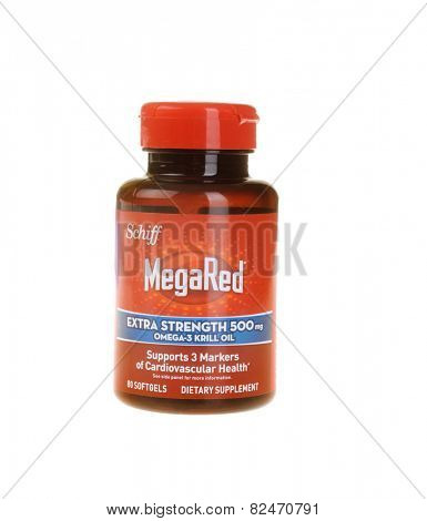Hayward, CA - February 1: Bottle of Schiff Brand MegaRed Extra Strength Omega 3 Krill oil - illustrative editorial