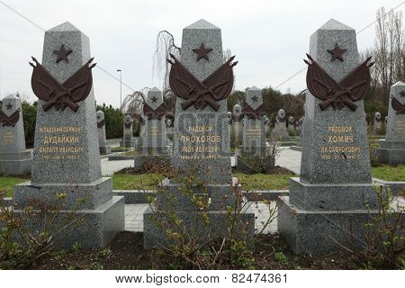 PRAGUE, CZECH REPUBLIC - APRIL 19, 2013: Soviet War Memorial with graves of Soviet soldiers fallen in the last days of World War II at the Olsany Cemetery in Prague, Czech Republic.