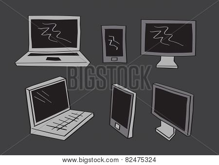 Computer Laptop And Mobil Phone Icons In Vector Cartoon Style