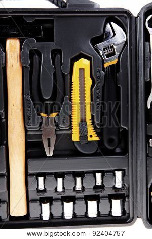 toolbox set of tools include hammer wrench bit driver pliers hex key bush level hex key