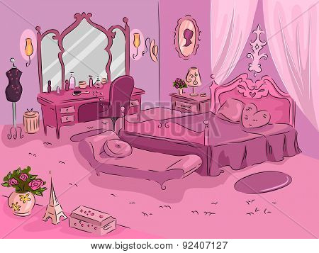 Illustration of a Luxurious Pink Bedroom with a Parisian Theme