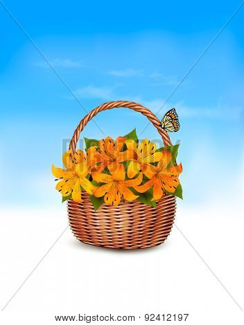 Summer background. Basket full of flowers and a butterfly. Vector.