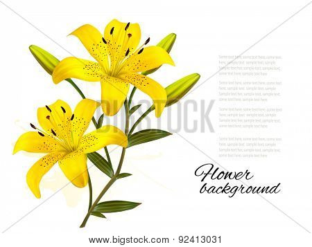 Flower Background With Yellow Beautiful Lilies. Vector.