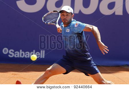 BARCELONA - APRIL, 23: Dominican tennis player Victor Estrella in action during a match of Barcelona tennis tournament Conde de Godo on April 23, 2015 in Barcelona