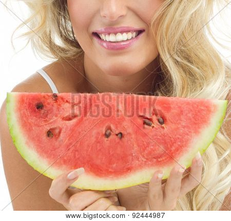 portrait of attractive  caucasian smiling woman isolated on white studio shot eating watermelon