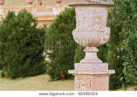 Carved Flower Pot In Villa Pamphili Park In Rome, Italy.