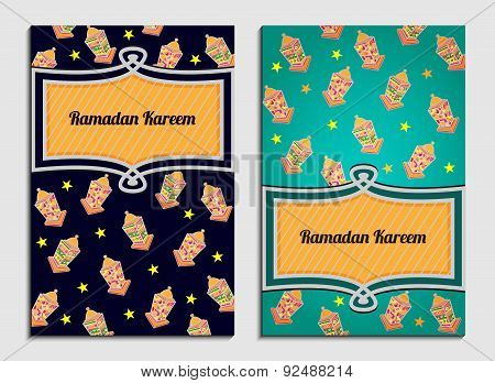 Vector Colorful Ramadan Kareem Greeting Card Design With Lanterns On Dark Blue Background. Bright Ve