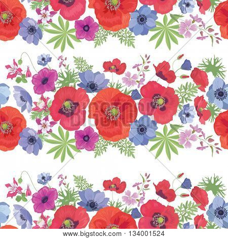 Seamless Vector Floral Pattern with Poppies , Anemones, Petunia and Fuchsia . Summer Fashion Ornament for Fabric and Wrapping Paper.