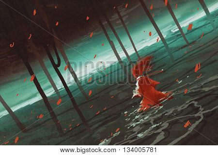 woman in red walking on swamp lake, river, trees, scenery, llustration